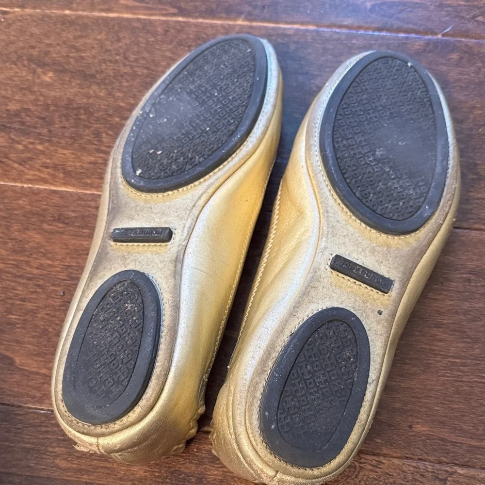 Tory Burch Minnie Travel Ballet Flats Gold Metallic Logo Leather Size 7 Packable